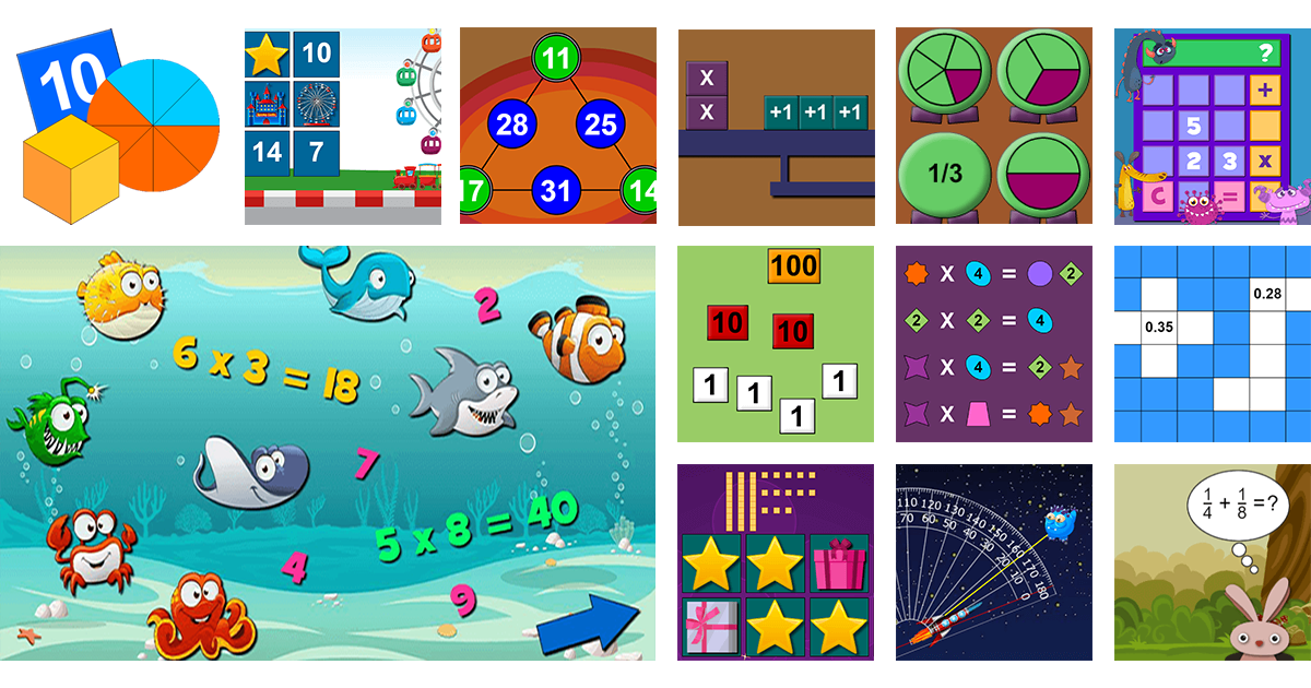 Collage of free math games for grades K–6 from Math Playground
